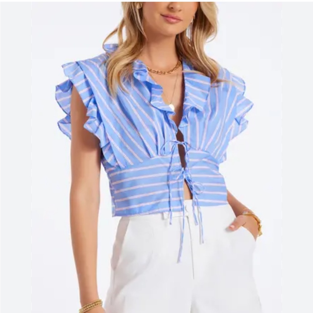 Bishop +‎ young Blue and White Striped Ruffle Blouse Raphael